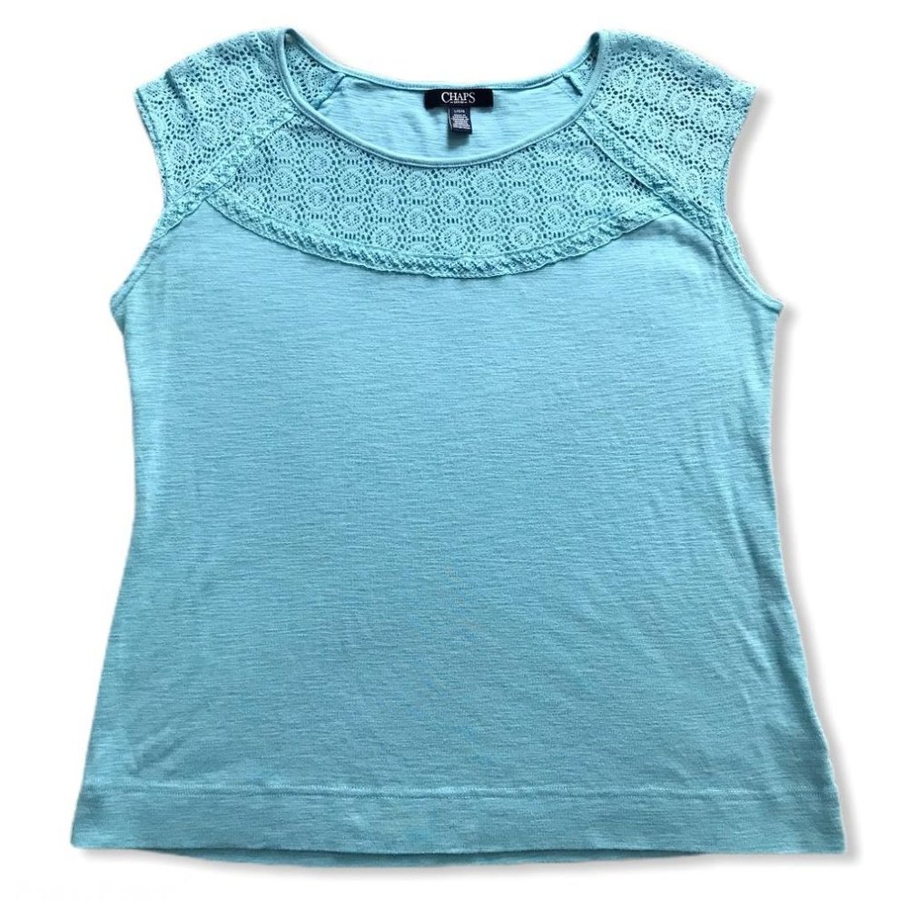 Chaps Eyelet Lace Yoke Trim Tee Cap Sleeves Blue